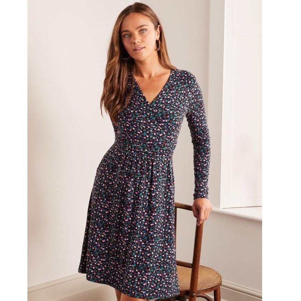 Boden Women's Floral Print Wrap Dress Size 4 Black Multicolor Long Sleeve V-Neck - Picture 7 of 7